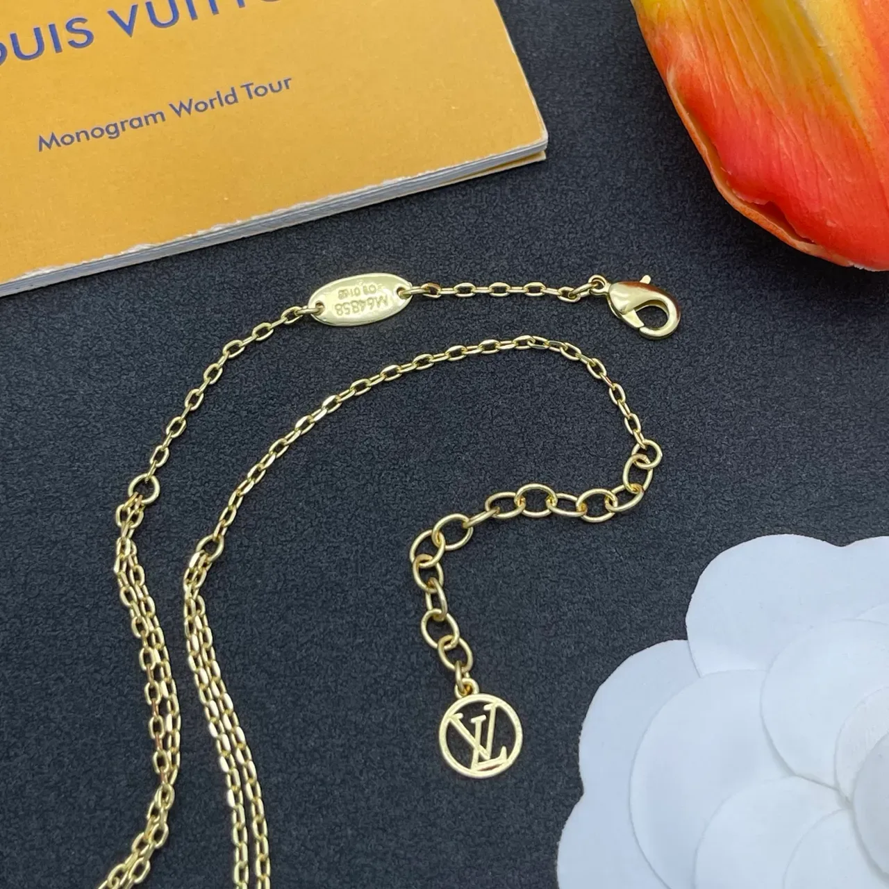 Louis Vuitton LV Monogram & Flower Pendant Necklace Gold White Layered Chain Necklace 5