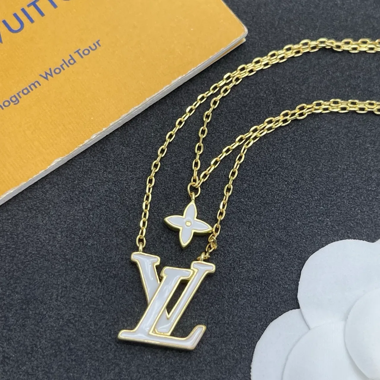 Louis Vuitton LV Monogram & Flower Pendant Necklace Gold White Layered Chain Necklace 6