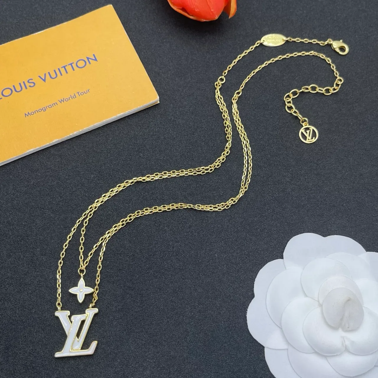 Louis Vuitton LV Monogram & Flower Pendant Necklace Gold White Layered Chain Necklace 7