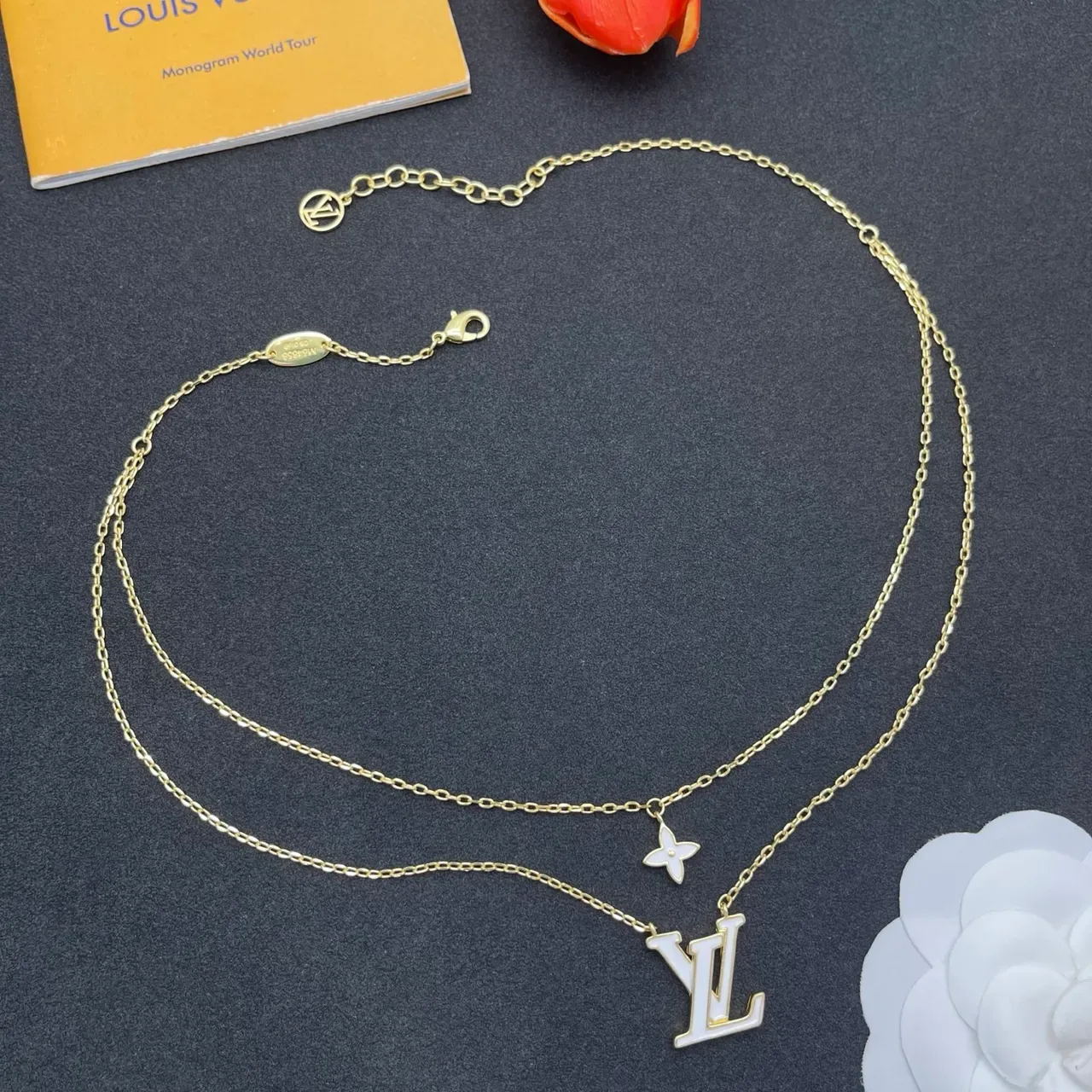 Louis Vuitton LV Monogram & Flower Pendant Necklace Gold White Layered Chain Necklace 8
