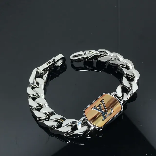 Louis Vuitton LV Shades Brown Silver Chunky Curb Chain Rectangular Tiger's Eye Plaque Bracelet 2
