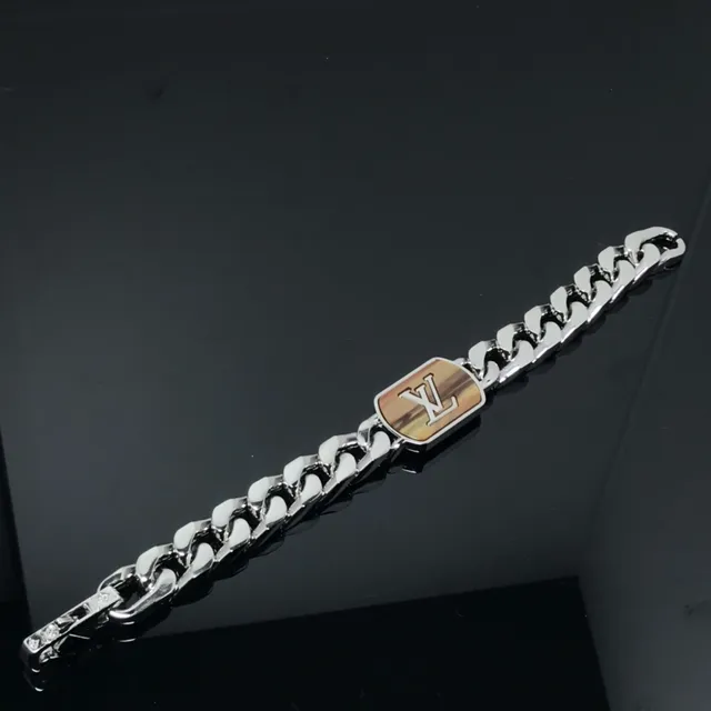Louis Vuitton LV Shades Brown Silver Chunky Curb Chain Rectangular Tiger's Eye Plaque Bracelet 4