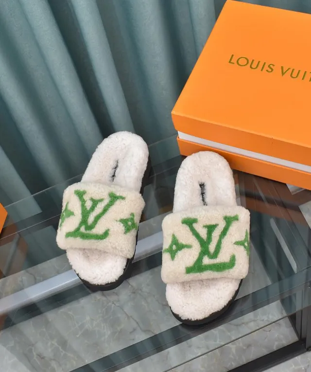 Louis Vuitton LV Slide White Shearling Green Monogram Slippers 2