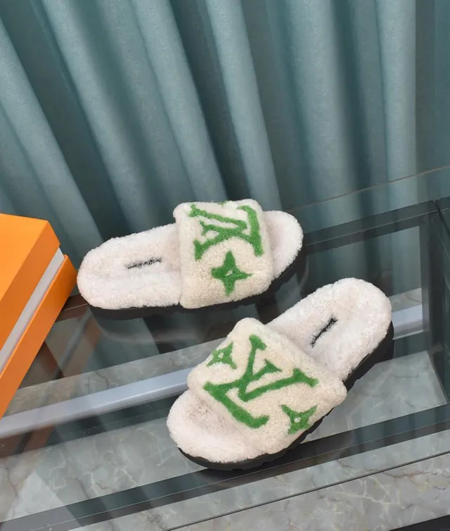 Louis Vuitton LV Slide White Shearling Green Monogram Slippers 3