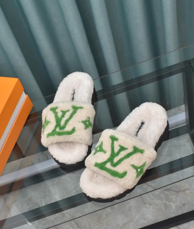 Louis Vuitton LV Slide White Shearling Green Monogram Slippers 4
