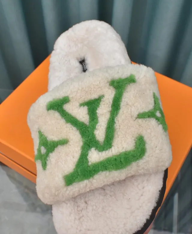 Louis Vuitton LV Slide White Shearling Green Monogram Slippers 5