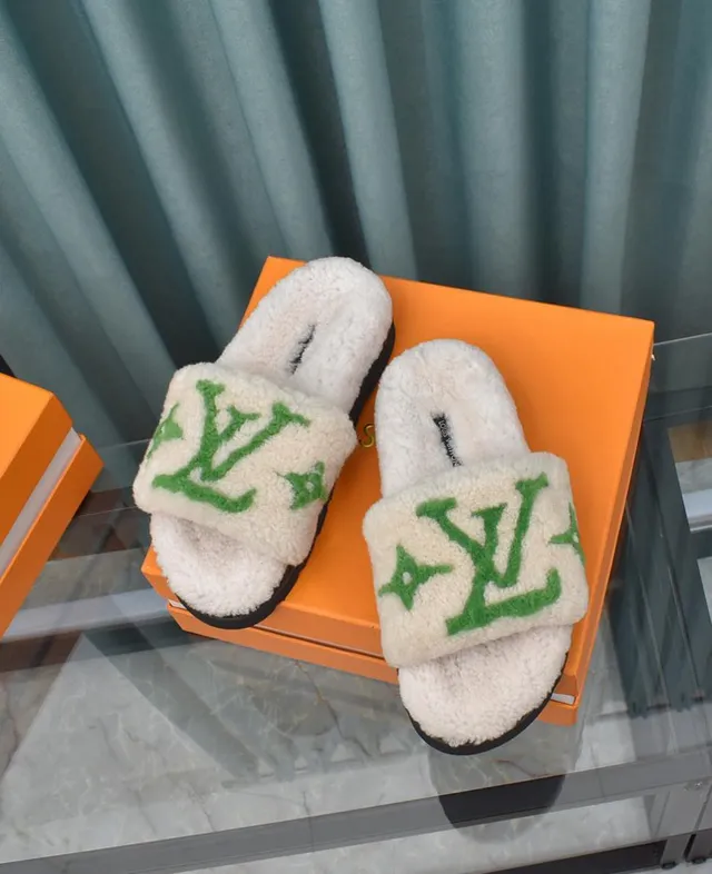 Louis Vuitton LV Slide White Shearling Green Monogram Slippers 8