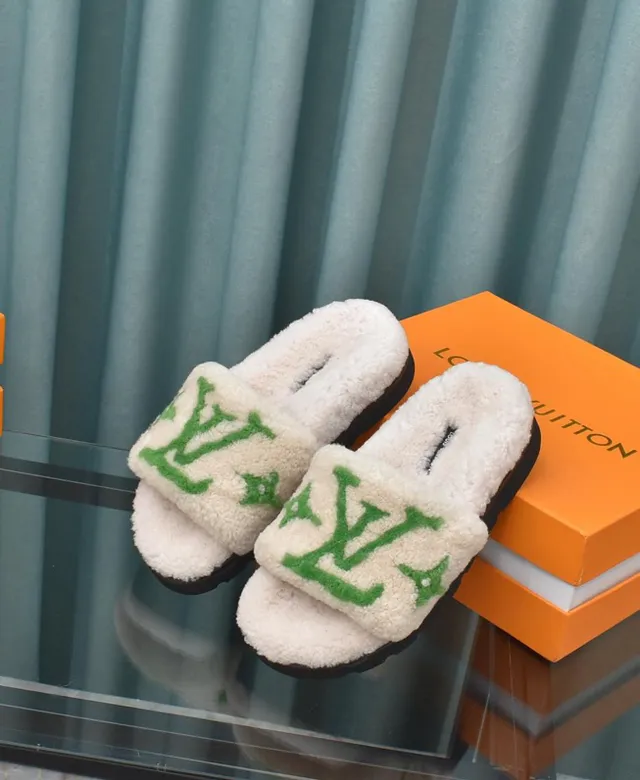 Louis Vuitton LV Slide White Shearling Green Monogram Slippers 9