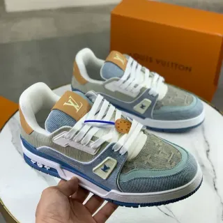 Louis Vuitton LV Trainer Beige Blue Layered Denim And Monogram Canvas Lifestyle Sneakers