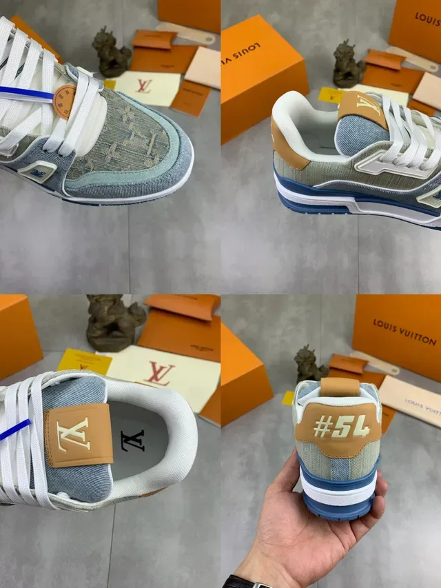 Louis Vuitton LV Trainer Beige Bleu Denim en Couches et Monogram Toile Sneakers Lifestyle 2