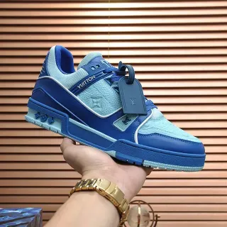 Louis Vuitton LV Trainer Blue Navy Structured Cage Overlay Monogram Leather Panel Lifestyle Sneakers