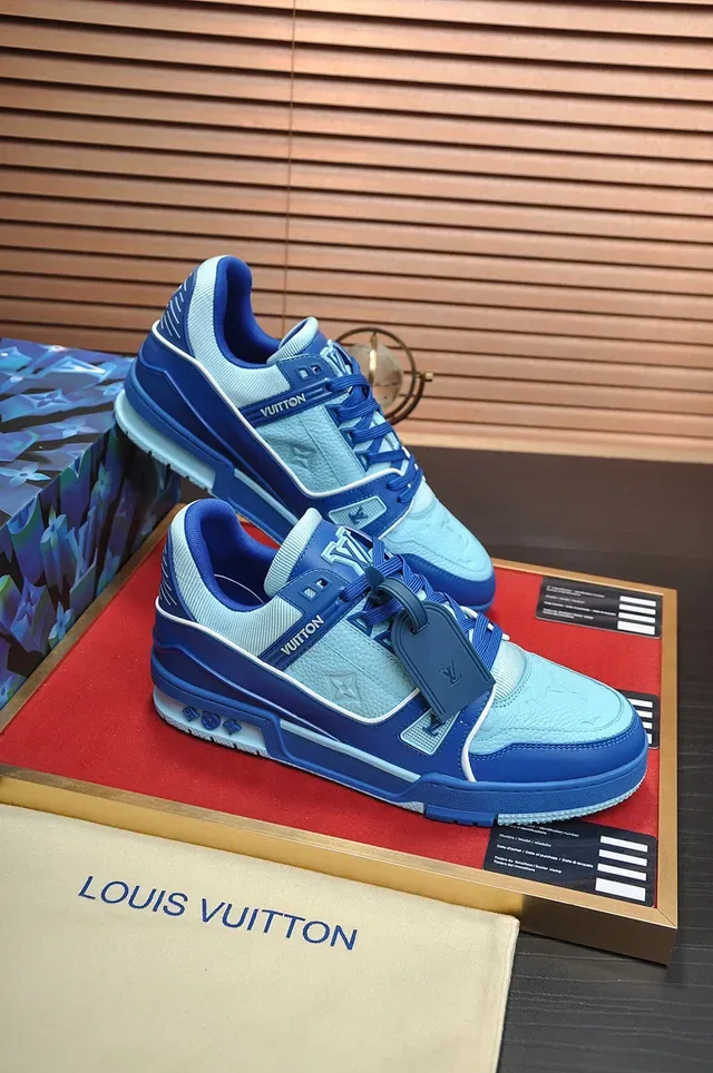 Louis Vuitton LV Trainer Blue Navy Structured Cage Overlay Monogram Leather Panel Lifestyle Sneakers 2