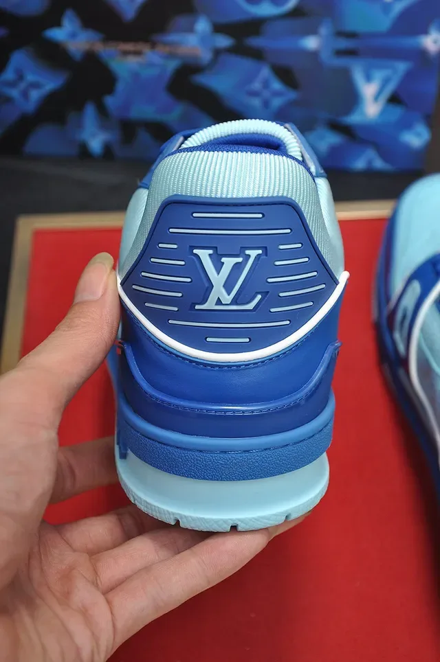 Louis Vuitton LV Trainer Blue Navy Structured Cage Overlay Monogram Leather Panel Lifestyle Sneakers 3