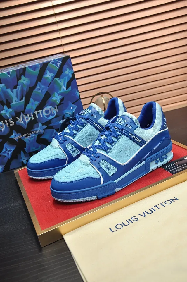 Louis Vuitton LV Trainer Blue Navy Structured Cage Overlay Monogram Leather Panel Lifestyle Sneakers 4