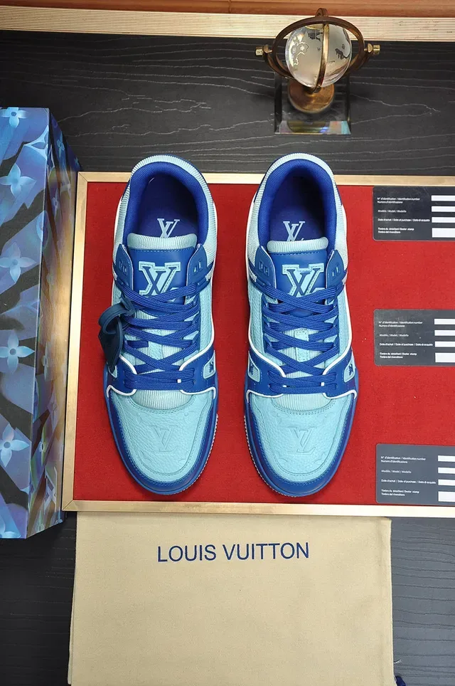 Louis Vuitton LV Trainer Blue Navy Structured Cage Overlay Monogram Leather Panel Lifestyle Sneakers 6