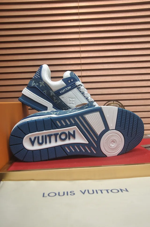 Louis Vuitton LV Trainer Blue White Denim-Panelled Monogram-Print Lifestyle Sneakers 3