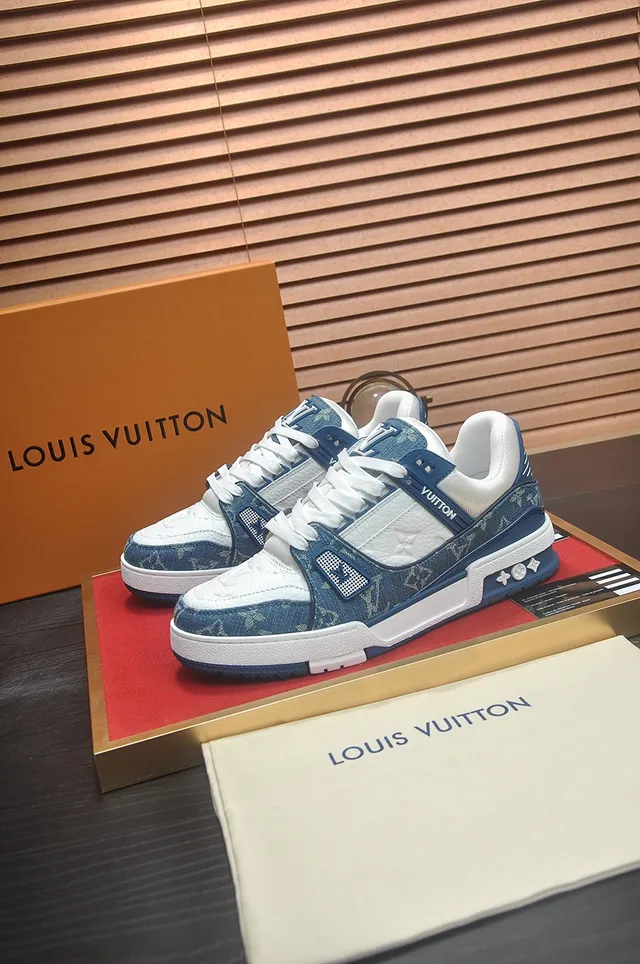 Louis Vuitton LV Trainer Blue White Denim-Panelled Monogram-Print Lifestyle Sneakers 4