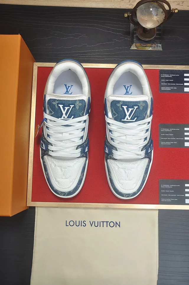 Louis Vuitton LV Trainer Blue White Denim-Panelled Monogram-Print Lifestyle Sneakers 5
