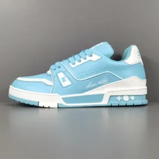 Louis Vuitton LV Trainer Blue White Layered Leather Upper Asymmetrical Strap Detail Lifestyle Sneakers
