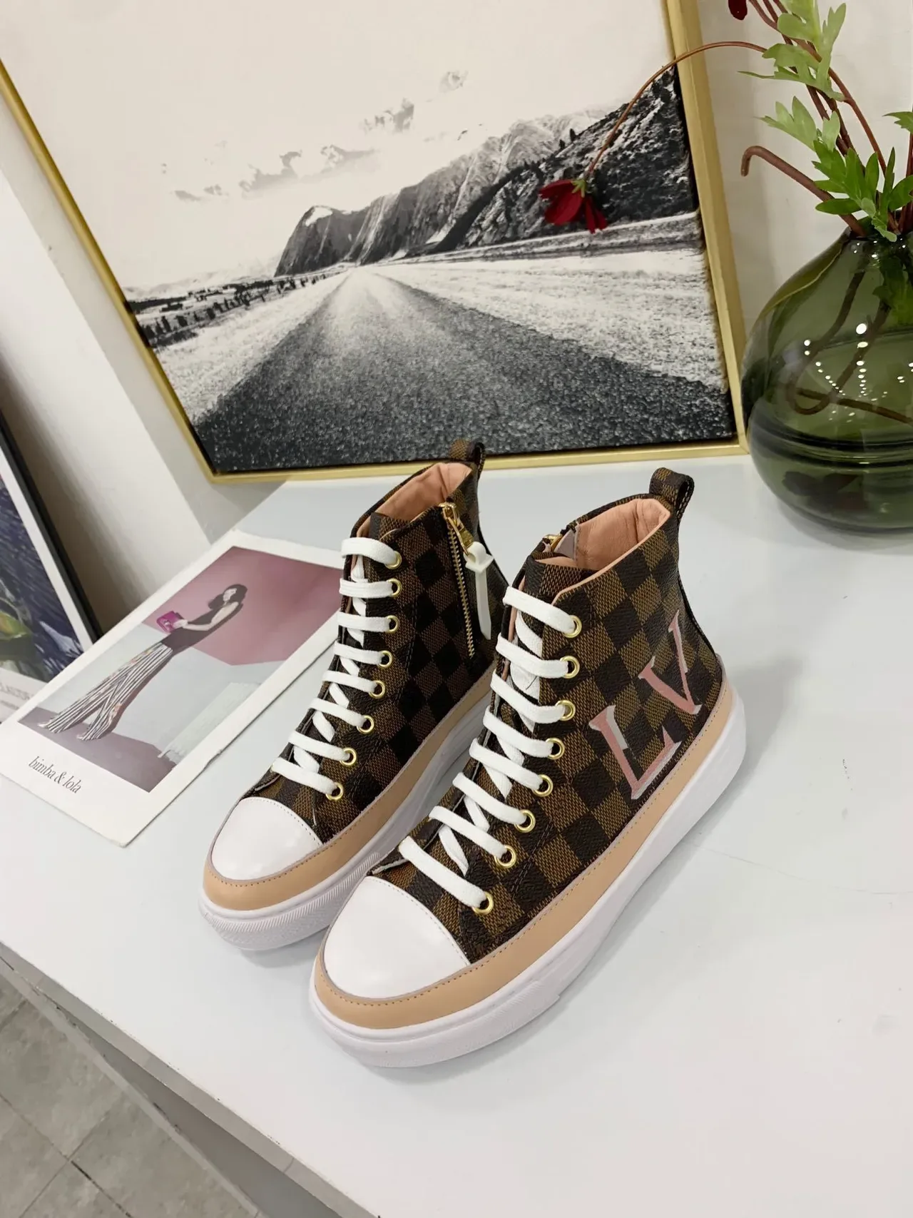 Louis Vuitton LV Trainer Brown Beige High-Top Checkerboard Monogram Canvas Lifestyle Sneakers 2