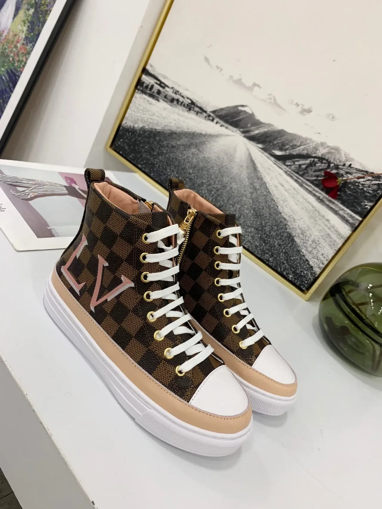 Louis Vuitton LV Trainer Brown Beige High-Top Checkerboard Monogram Canvas Lifestyle Sneakers 3