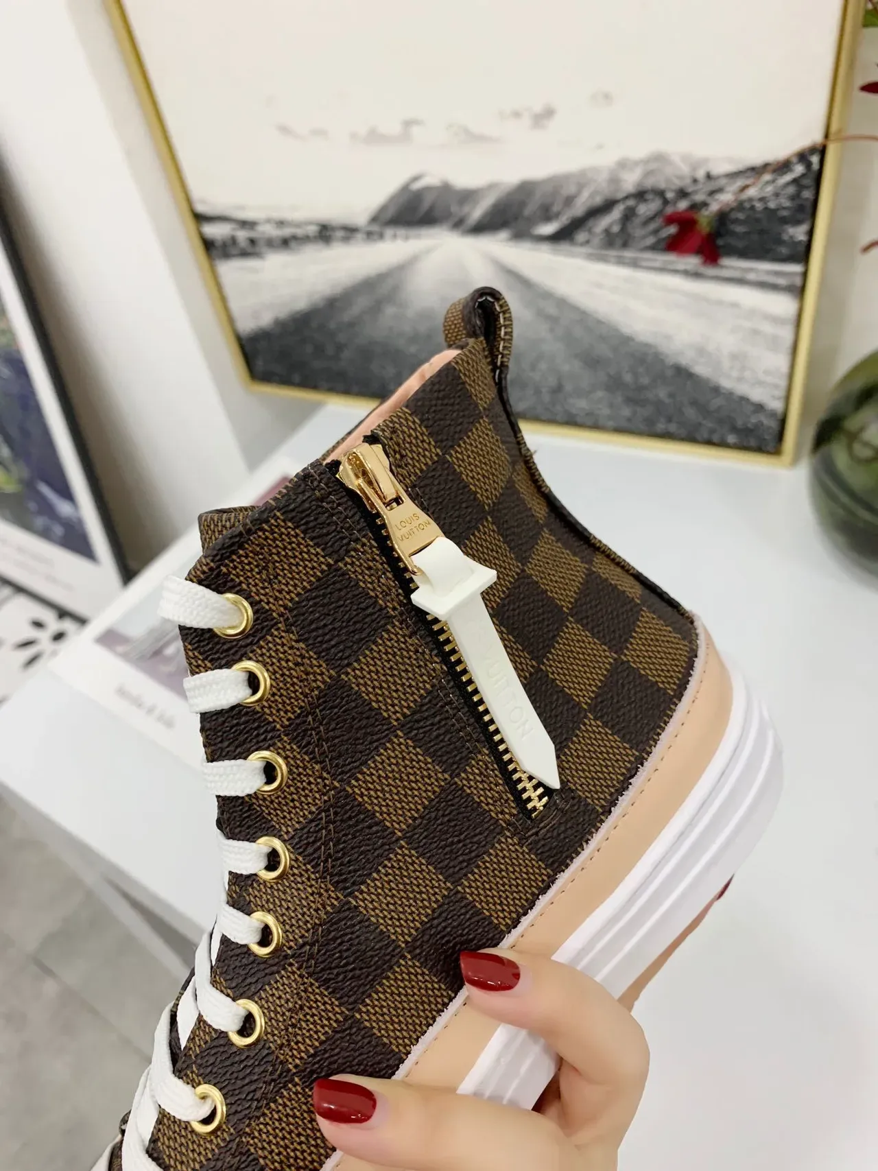 Louis Vuitton LV Trainer Brown Beige High-Top Checkerboard Monogram Canvas Lifestyle Sneakers 5