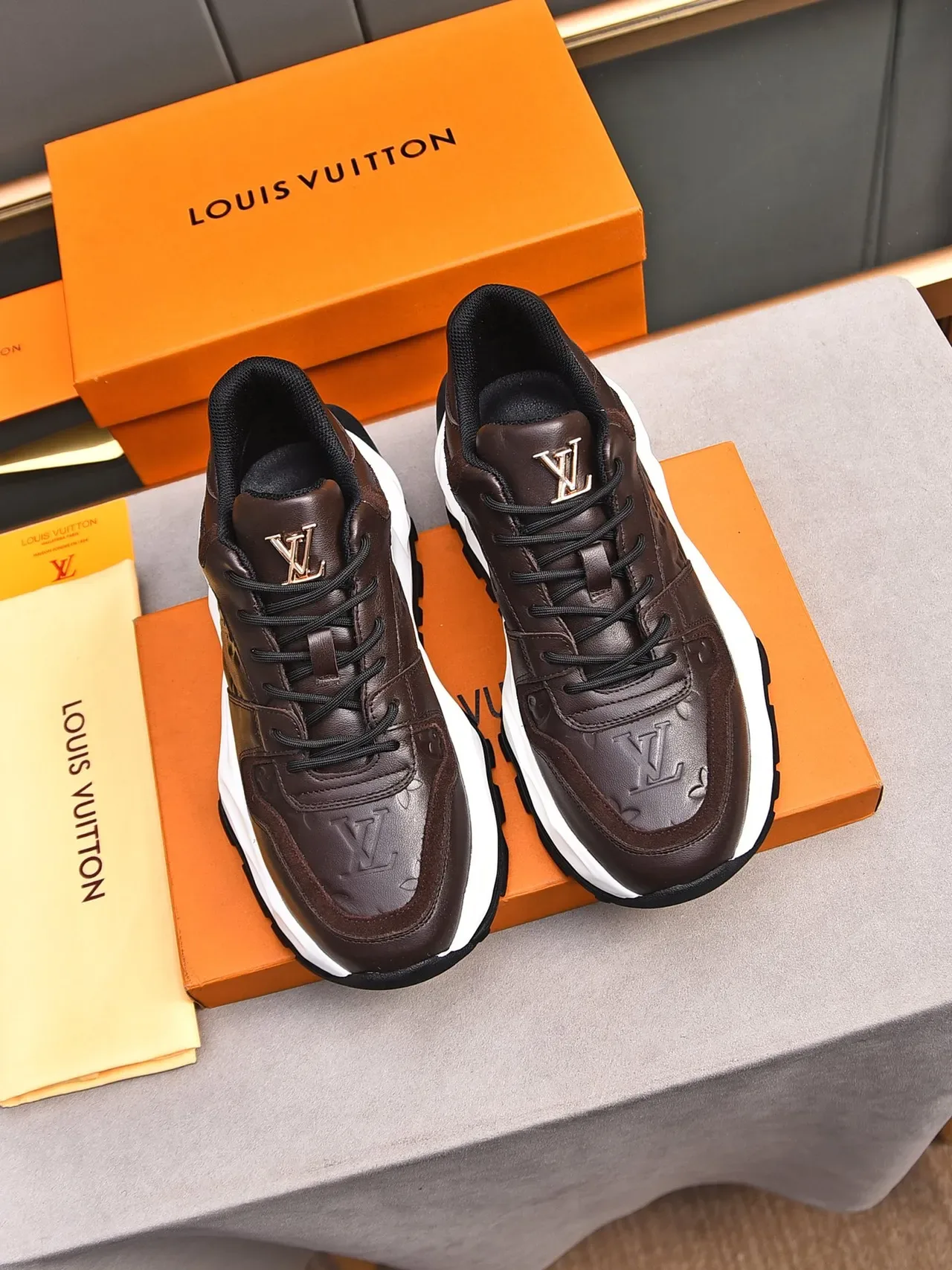 Louis Vuitton LV Trainer Brown White Embossed Monogram Leather Sculpted Midsole Lifestyle Sneakers 2