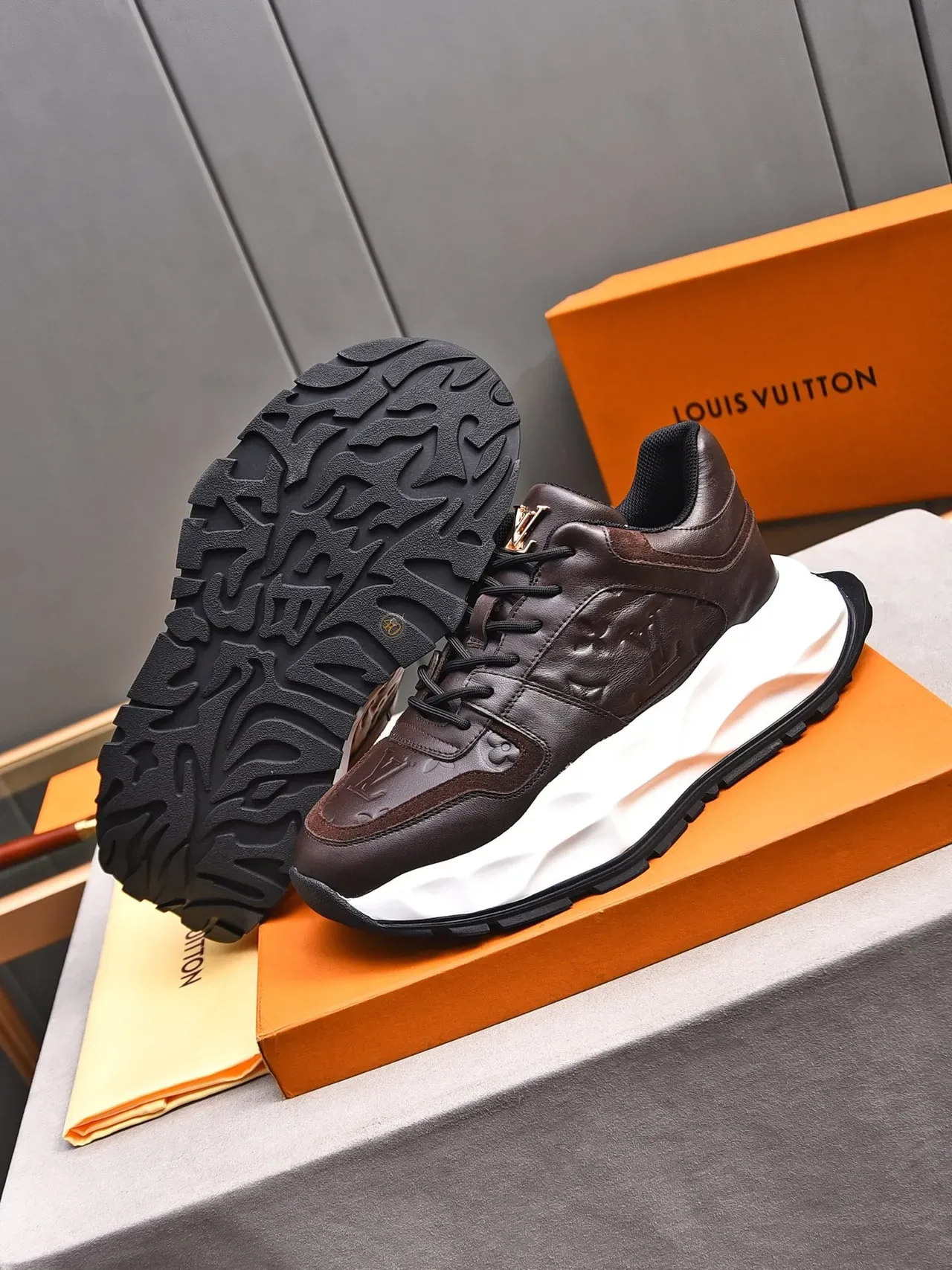 Louis Vuitton LV Trainer Brown White Embossed Monogram Leather Sculpted Midsole Lifestyle Sneakers 4