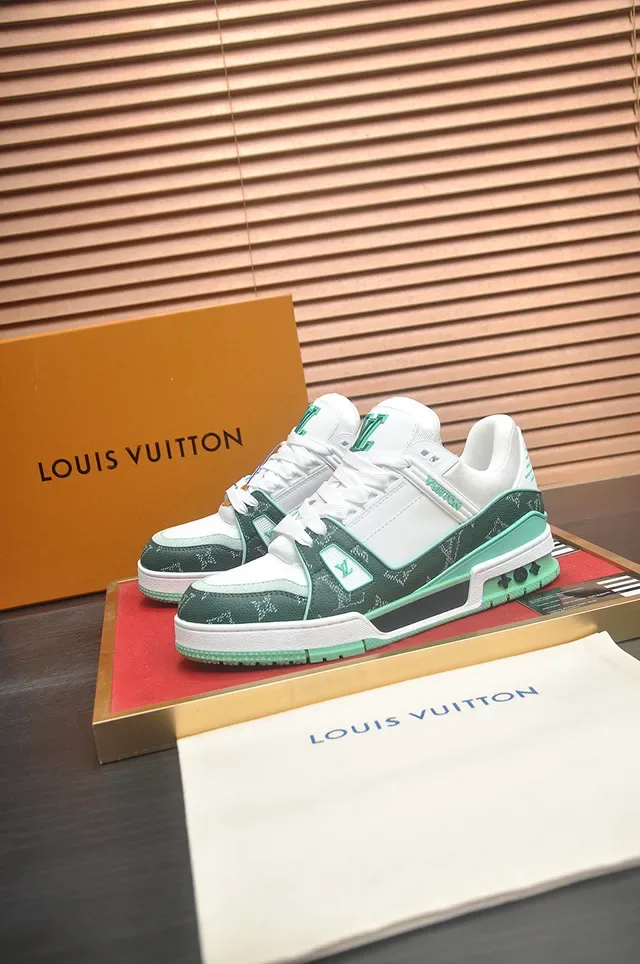 Louis Vuitton LV Trainer Green White Monogrammed Canvas Layered Midsole Lifestyle Sneakers 4