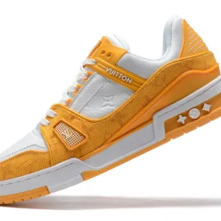 Louis Vuitton LV Trainer Orange White Layered Jacquard And Leather Upper Plastic Strap Detail Lifestyle Sneakers