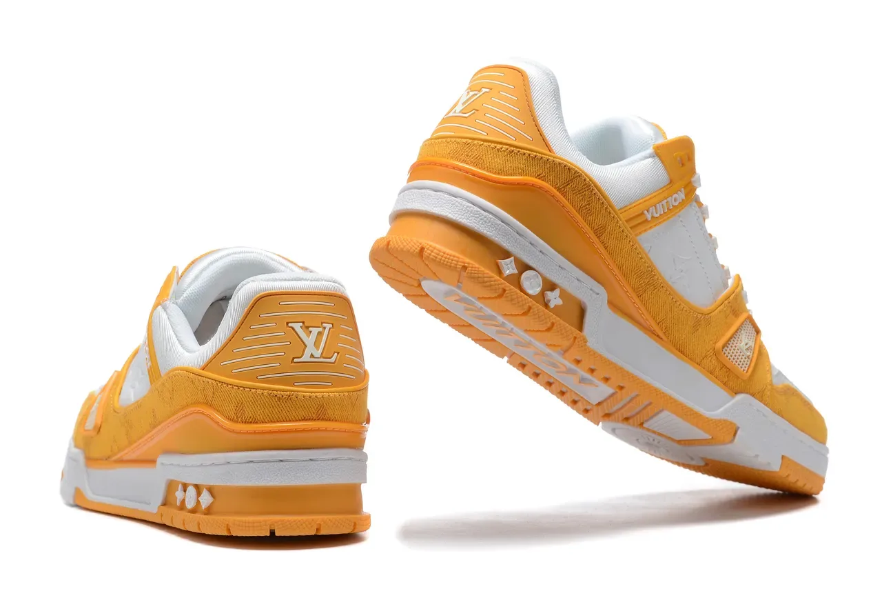 Louis Vuitton LV Trainer Chaussures Lifestyle Orange Blanc Multicouche Jacquard Et Cuir Supérieur Sangle Plastique Détail 3