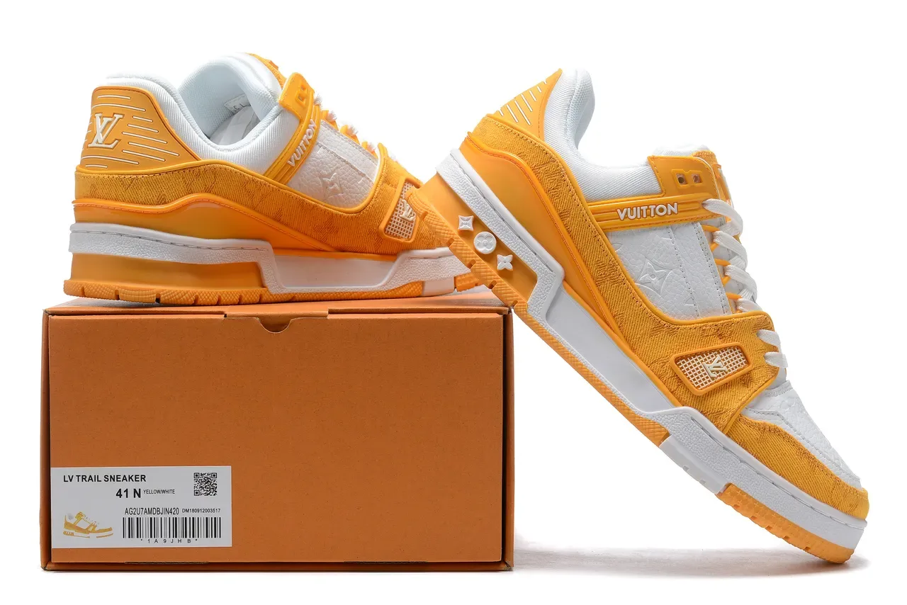 Louis Vuitton LV Trainer Chaussures Lifestyle Orange Blanc Multicouche Jacquard Et Cuir Supérieur Sangle Plastique Détail 9