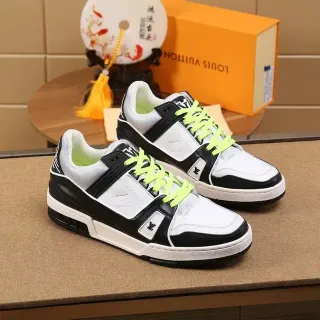 Louis Vuitton LV Trainer Blanco Negro Panelado Cuero y Malla Superior Zapatillas Lifestyle