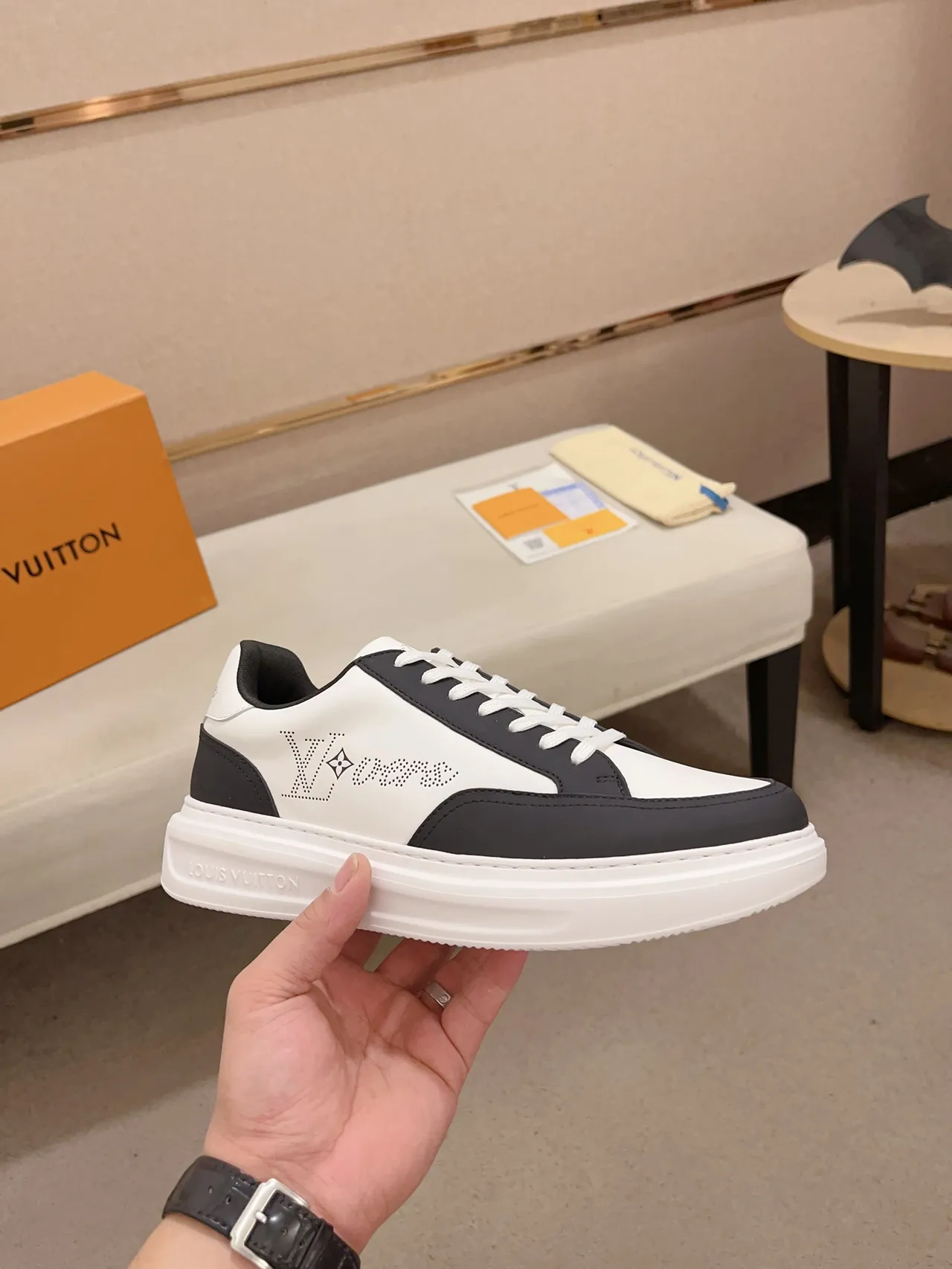 Louis Vuitton LV Trainer White Black Perforated Monogram Two-Tone Leather Lifestyle Sneakers 4