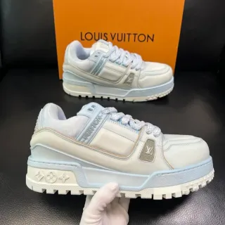 Louis Vuitton LV Trainer White Blue suela gruesa en capas correa doble superpuesta zapatillas estilo de vida
