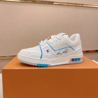 Louis Vuitton LV Trainer White Blue Monogram Leather Upper Dual-Tone Piping Lifestyle Sneakers