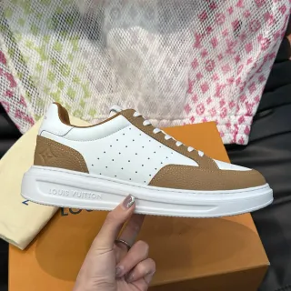 Louis Vuitton LV Trainer White Brown Perforated Leather Tan Pebbled Overlays Lifestyle Sneakers