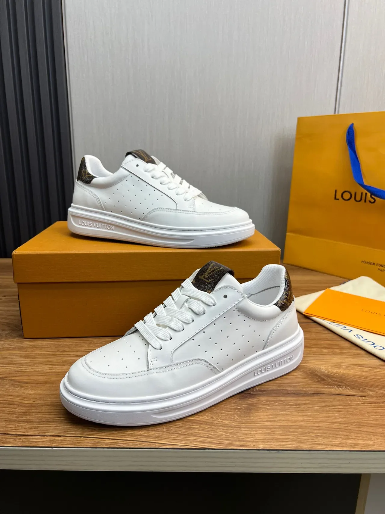Louis Vuitton LV Trainer White Brown Perforated Leather Upper Monogram Canvas Heel Tab Lifestyle Sneakers 2