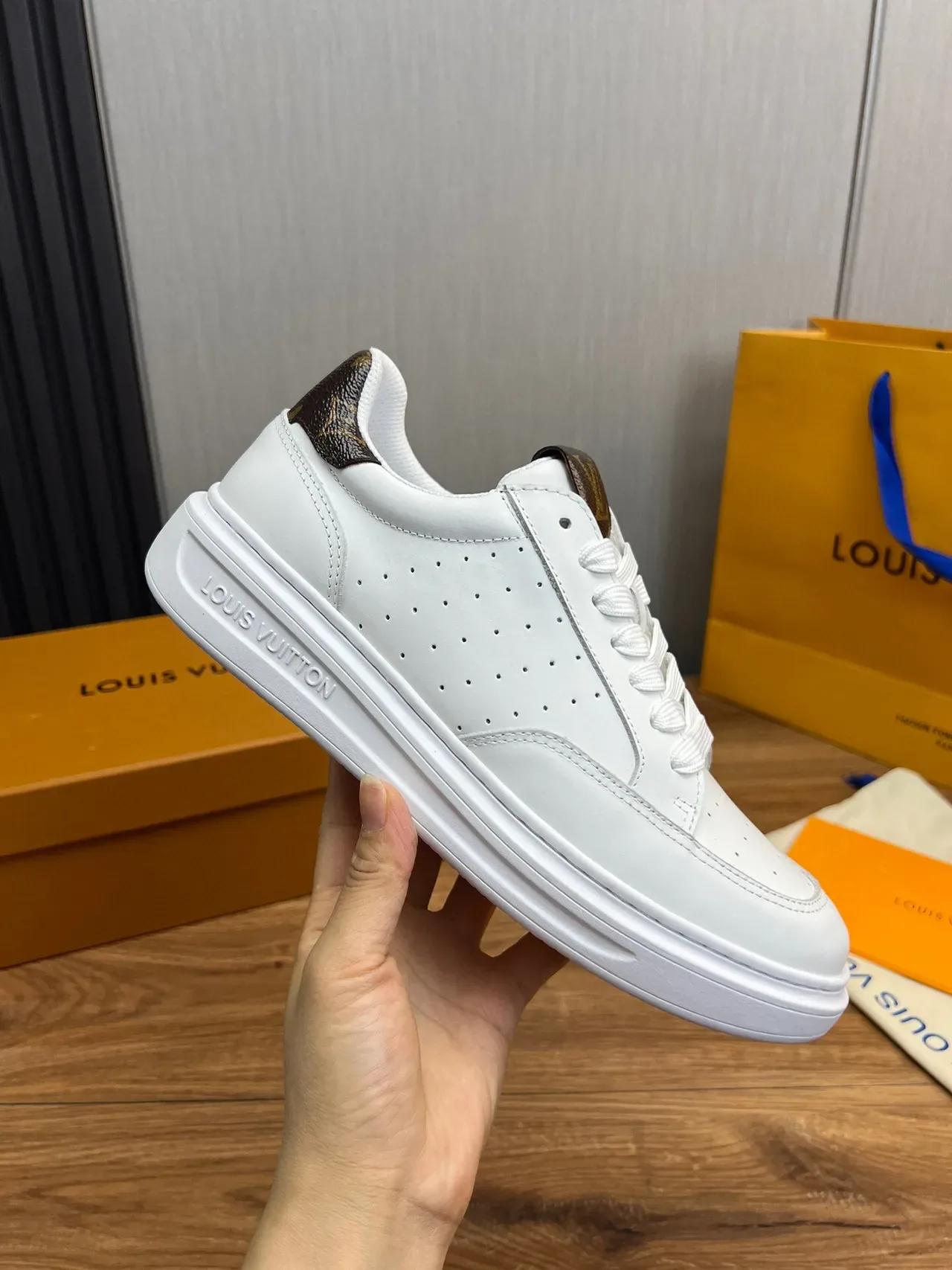 Louis Vuitton LV Trainer White Brown Perforated Leather Upper Monogram Canvas Heel Tab Lifestyle Sneakers 5
