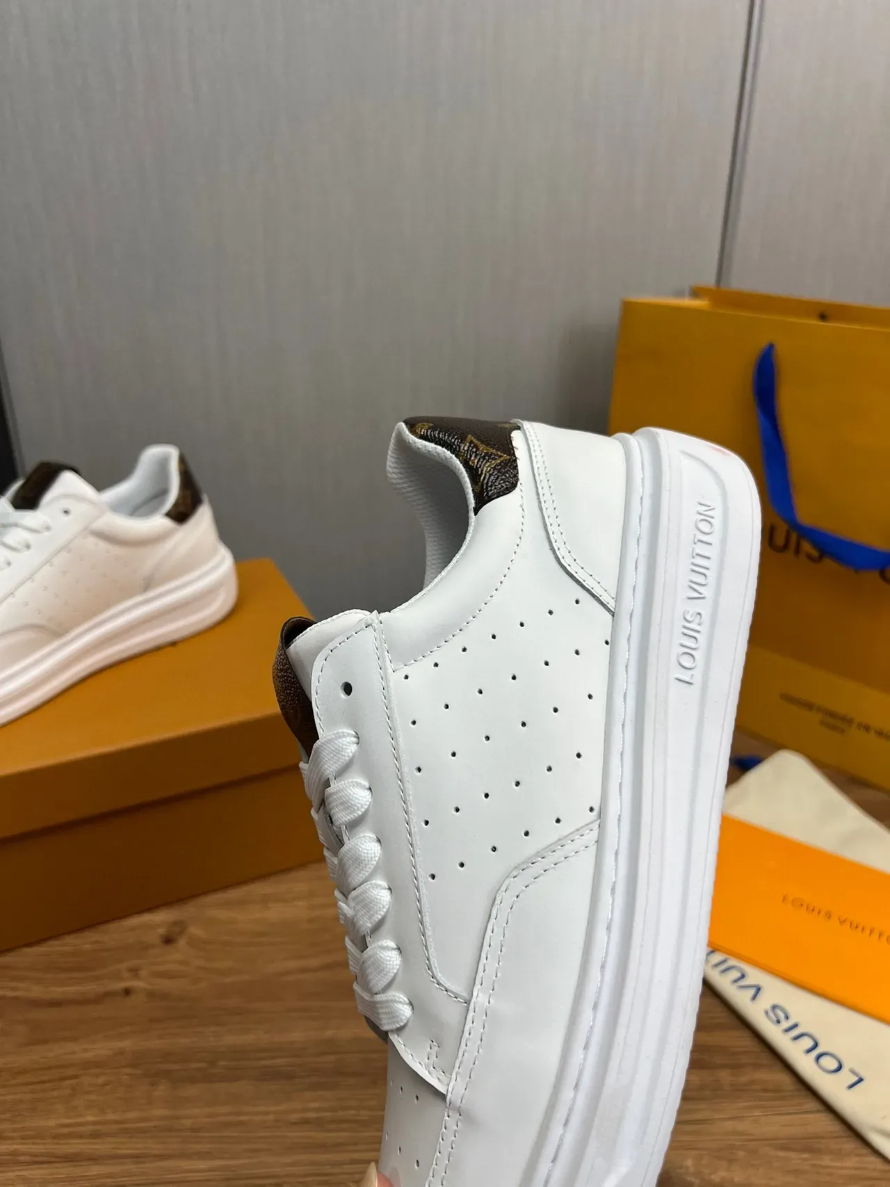 Louis Vuitton LV Trainer White Brown Perforated Leather Upper Monogram Canvas Heel Tab Lifestyle Sneakers 6