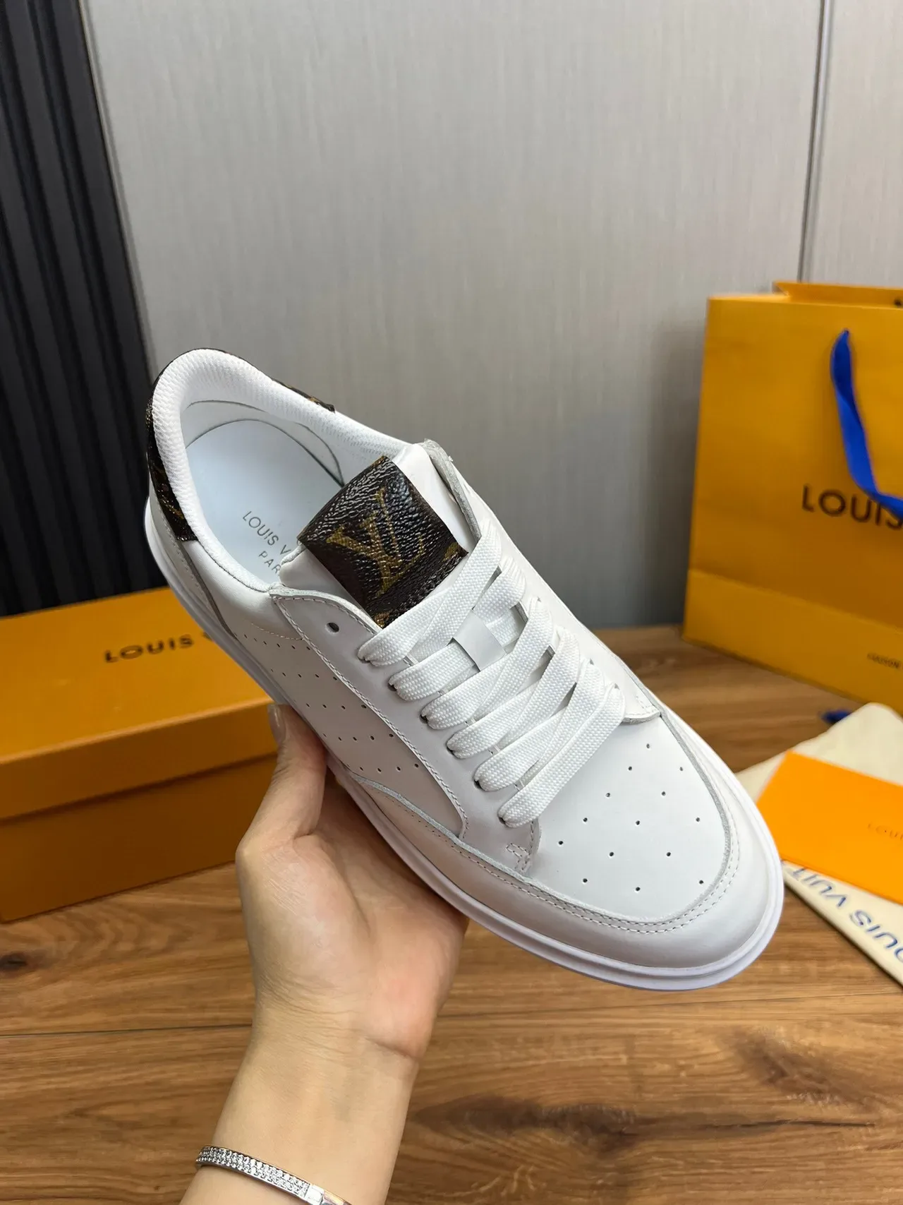 Louis Vuitton LV Trainer White Brown Perforated Leather Upper Monogram Canvas Heel Tab Lifestyle Sneakers 8