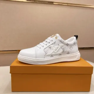Louis Vuitton LV Trainer White Gray Monogram Canvas Side Panel Embossed Logo Lifestyle Sneakers