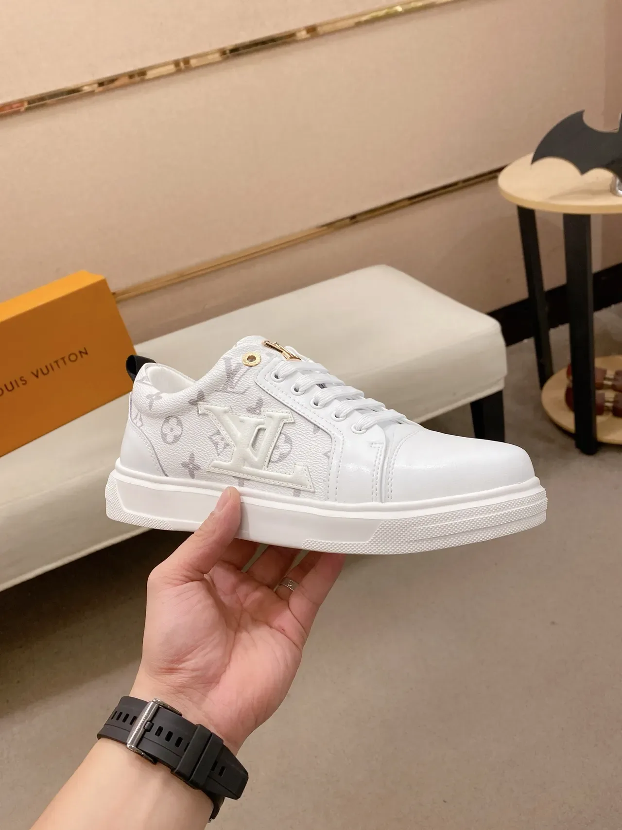 Louis Vuitton LV Trainer White Gray Monogram Canvas Side Panel Embossed Logo Lifestyle Sneakers 4