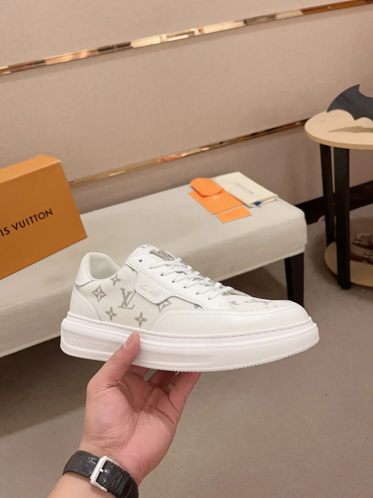 Louis Vuitton LV Trainer White Gray Monogram Canvas Textured Leather Panels Lifestyle Sneakers 4