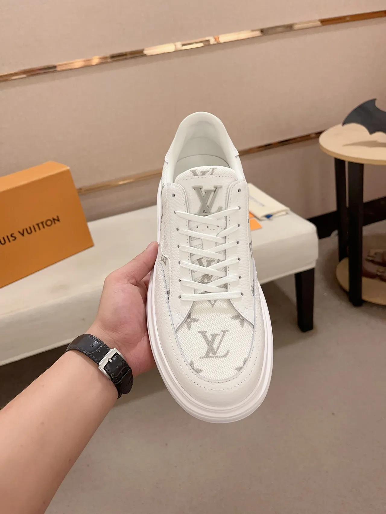 Louis Vuitton LV Trainer White Gray Monogram Canvas Textured Leather Panels Lifestyle Sneakers 5