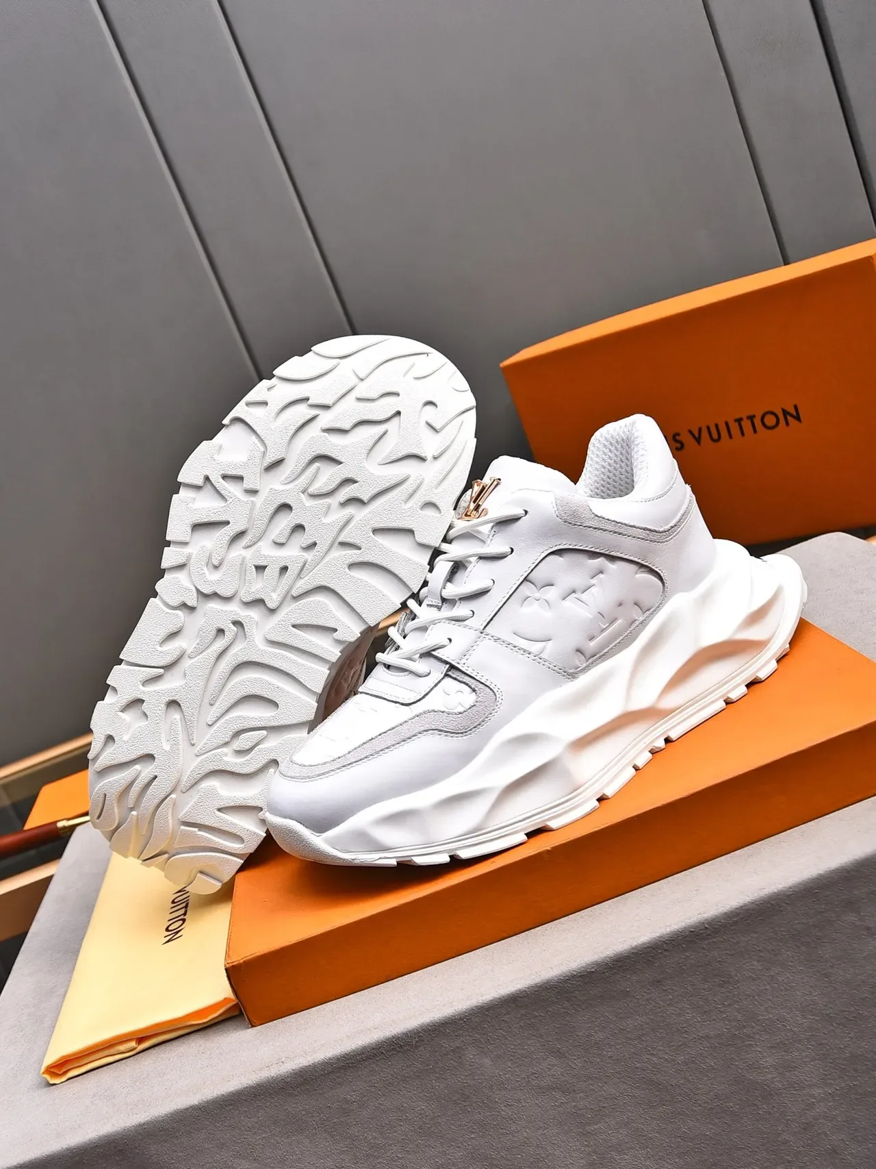 Louis Vuitton LV Trainer White Gray Monogram-Embossed Leather Sculpted Sole Chunky Sneakers 4