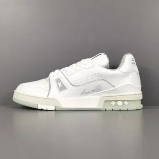Louis Vuitton LV Trainer White Gray Structured Leather Upper Asymmetrical Strap Detail Lifestyle Sneakers