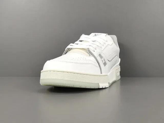 Louis Vuitton LV Trainer White Gray Structured Leather Upper Asymmetrical Strap Detail Lifestyle Sneakers 11