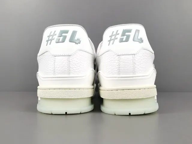 Louis Vuitton LV Trainer White Gray Structured Leather Upper Asymmetrical Strap Detail Lifestyle Sneakers 14