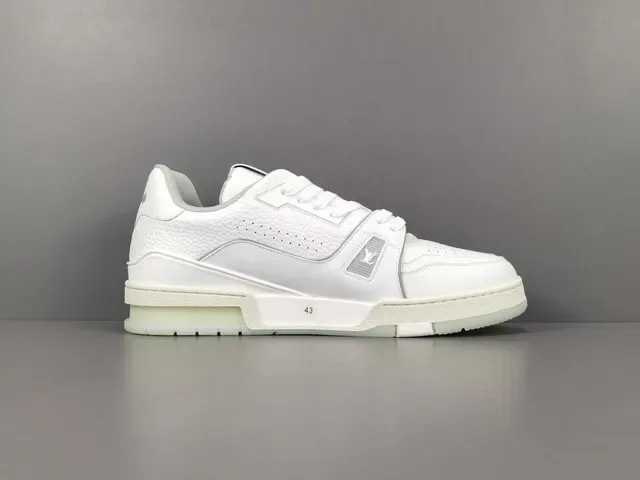 Louis Vuitton LV Trainer White Gray Structured Leather Upper Asymmetrical Strap Detail Lifestyle Sneakers 15